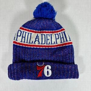 New Era NBA Philadelphia 76ers Adult Pom Beanie Winter Knit Cap Hat Blue Red